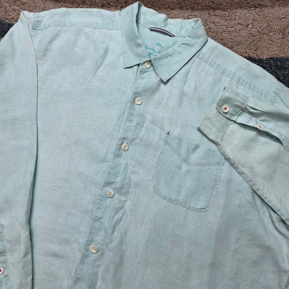 Tommy Bahama Relax Linen Shirt XXL Mint Green Button Front Roll Tab Sleeve